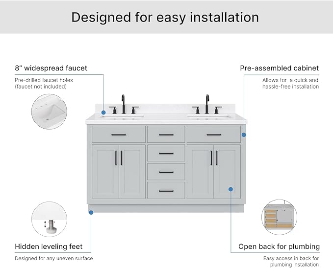 ARIEL Hepburn 60-inch Bathroom Vanity with Sink,Solid Wood, 1.5-inch Carrara White Quartz Countertop & Backsplash, Double Rectangular Porcelain Sink, 4 Soft Closing Doors, 6 Dovetail Drawers, Grey