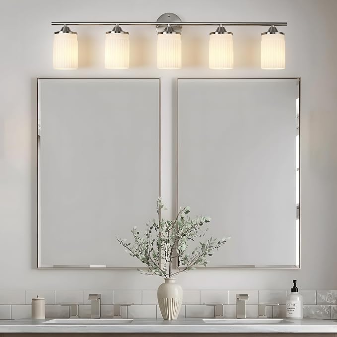 Jonsi Nickel Bathroom Light Fixtures 5-Light Vanity Lights Modern Wall Sconce with Milk White Shade Brushed Nickel Bathroom Light Fixture Over Mirror for Bedroom Hallway Kitchen
