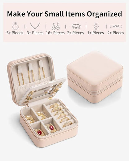 VLANDO Travel Jewelry Case with Mirror, Storage 3 Pairs of Stud Earrings | Necklace Hook for Anti-tangle, Removable Dividers, Waterproof PU Leather,Portable Storage for Rings, Necklace Gifts for Women