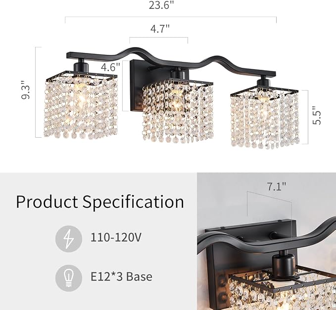 WUZUPS 3-Light Bathroom Light Fixture Morden Vanity Wall Sconces Light Clear Crystal Drop for Bedroom Living Room, E12 Base, Black