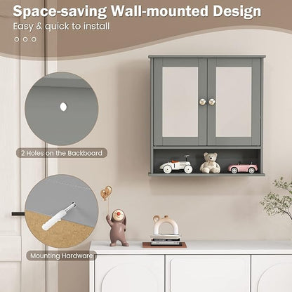 COSTWAY Bathroom Cabinet Wall Mount, Wooden Medicine Cabinet with 2 Mirror Doors, Adjustable Shelf, Open Compartment, for Laundry, Living Room, Kitchen, Gray