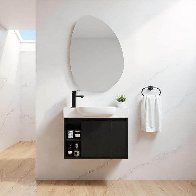 26" Wall Mounted Bathroom Vanity with Sink, Small Vanity, Dark Oak | Integrated Ceramic Sink, Soft-Close Door & 2 Open Storage Shelves, Small Bath Vanity Set, Easy to Clean