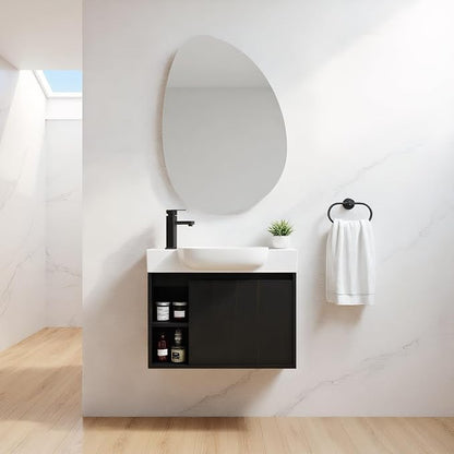 26" Wall Mounted Bathroom Vanity with Sink, Small Vanity, Dark Oak | Integrated Ceramic Sink, Soft-Close Door & 2 Open Storage Shelves, Small Bath Vanity Set, Easy to Clean