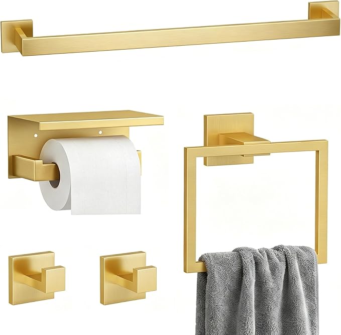 5-Piece Bathroom Hardware Set, 23.6 Inch Towel Bar Set SUS304 Stainless Steel Towel Racks for Bathroom Round Towel Bar, Towel Ring, Toilet Paper Holder, 2 Robe Hooks, Wall Mounted (Brushed Gold)