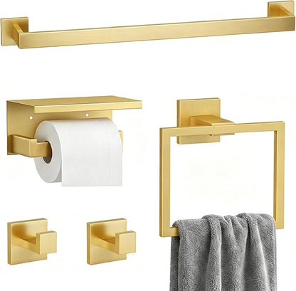 5-Piece Bathroom Hardware Set, 23.6 Inch Towel Bar Set SUS304 Stainless Steel Towel Racks for Bathroom Round Towel Bar, Towel Ring, Toilet Paper Holder, 2 Robe Hooks, Wall Mounted (Brushed Gold)