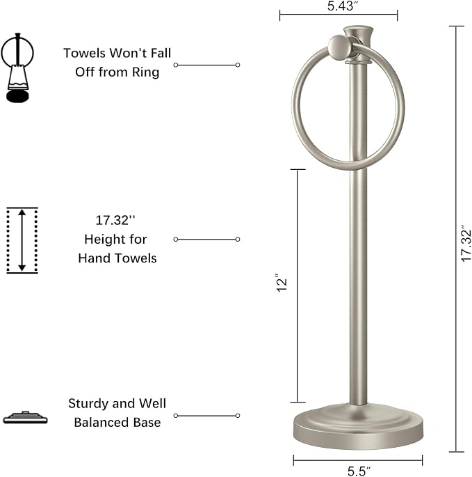Hoimpro Hand Towel Holder Free Standing Towel Bar Brushed Nickel | Hanging Floor Hand Towel Rack Ring, for Bathroom Kitchen Vanity Countertops, Hardware Accessories SUS 304 Heavy-Duty Base