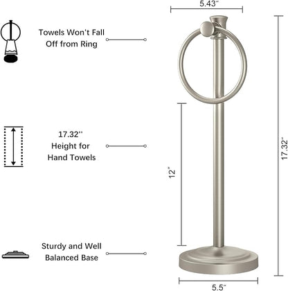 Hoimpro Hand Towel Holder Free Standing Towel Bar Brushed Nickel | Hanging Floor Hand Towel Rack Ring, for Bathroom Kitchen Vanity Countertops, Hardware Accessories SUS 304 Heavy-Duty Base