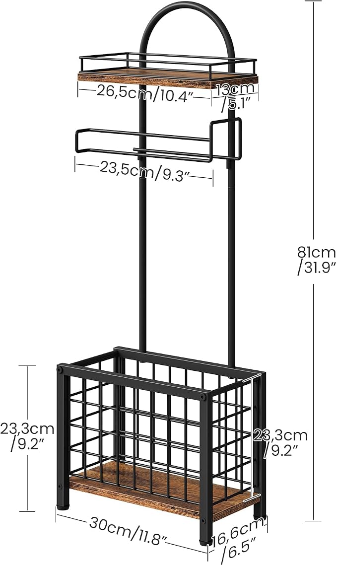 Toilet Paper Holder Stand, Freestanding Toilet Paper Holder with Shelf & Basket, Bathroom Tissue Organizer for Small Space, 3-Tier Storage for Bath Toilet Office Rustic Brown and Black TTS70BF