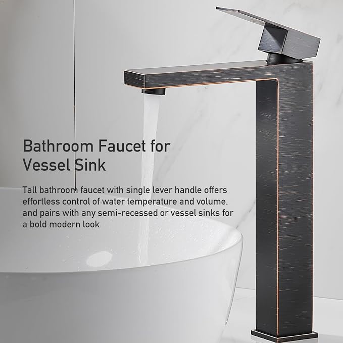 Vessel Sink Faucet, Oil Rubbed Bronze 1 Hole Single Handle Tall Bathroom Vanity Faucets, Modern Utility Rv Laundry Bath Restroom Mixer Tap with Metal Pop Up Drain and 2 Water Supply Lines