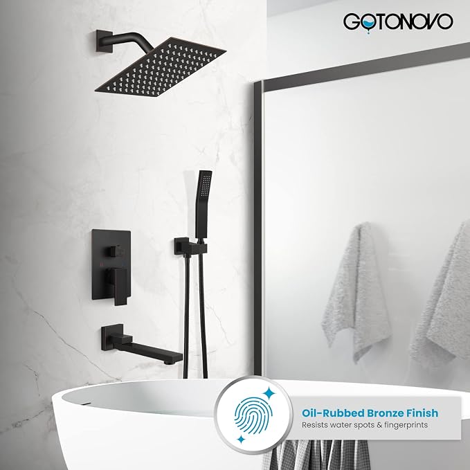 gotonovo Tub Shower Faucet Set with Valve Kit 8’’ Head,Oil Rubbed Bronze | Shower System with Tub Spout,SUS304 Rain Head with Handheld Sprayer,Swivel Spout,All Metal,Rough-In Valve Trim Kit,Wall Mount