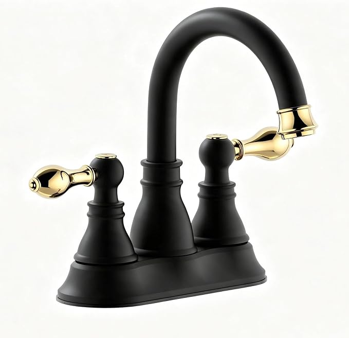 Two Handle Bathroom Sink Faucet,3 Hole with Overflow Pop up Drain, 360° Swivel Spout 4 Inch Centerset Lavatory Faucet,Matte Black with Polished Brass Trim Finished,F-4501-MG