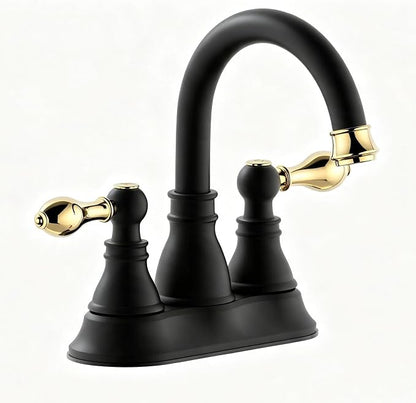 Two Handle Bathroom Sink Faucet,3 Hole with Overflow Pop up Drain, 360° Swivel Spout 4 Inch Centerset Lavatory Faucet,Matte Black with Polished Brass Trim Finished,F-4501-MG