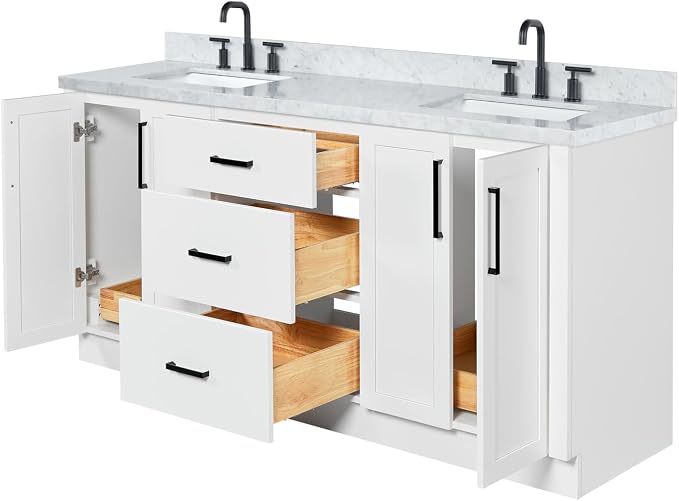 ARIEL Loren 72-inch Bathroom Vanity with Sink,Solid Wood, 1.5-inch Italian Carrara Marble Countertop, Double Rectangular Porcelain Sink, 4 Soft Closing Doors, 3 Dovetail Drawers, White
