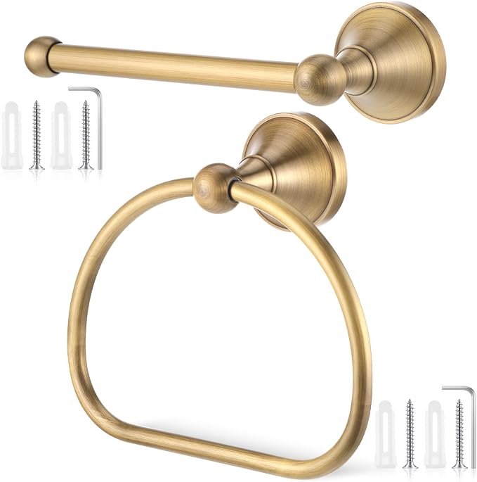 2 Pieces Antique Hand Towel Holder and Toilet Paper Holder Set, Brass Towel Ring, Tissue Roll Hanger, Retro Brass Hand Towels Ring, Wall Mount Bathroom Hardware