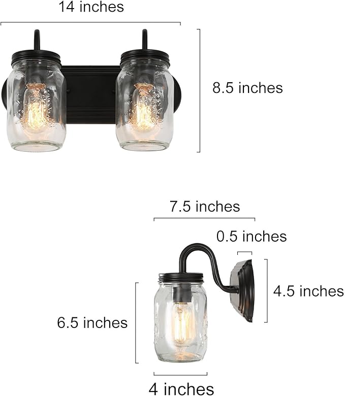 LALUZ Bathroom Vanity Light Fixtures, 2-Light Black Mason Jar Vanity Lights for Bathroom, 14'' Farmhouse Rustic Bathroom Lights Over Mirror