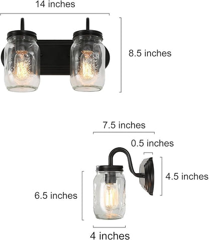 LALUZ Bathroom Vanity Light Fixtures, 2-Light Black Mason Jar Vanity Lights for Bathroom, 14'' Farmhouse Rustic Bathroom Lights Over Mirror