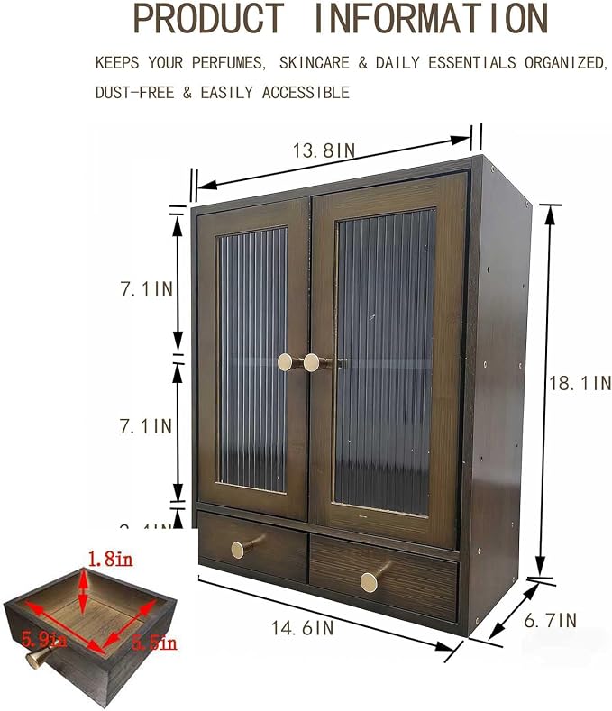 Brown Bamboo Countertop Cabinet Ribbed Magnetic Glass Doors with 2 Drawers | 14.6"W×6.7"D×18.1"H cabinet with adjustable inner shelves, multi-use for kitchen bedroom bathroom office sideboard storage