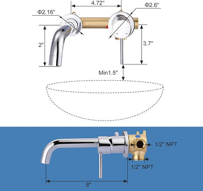 ARCORA Wall Mount Bathroom Faucet, Chrome Single Handle Bathroom Sink Faucet Wall Mounted, Rough-in Valve Included