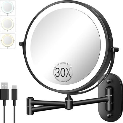 VFD 8'' 30X/1X Wall Mounted Lighted Magnifying Makeup Mirror with Lights | Double Sided Rechargeable Bathroom Mirror, 3 Color Lights Touch Dimmable Extended Arm 360 Rotation Light up Mirrors