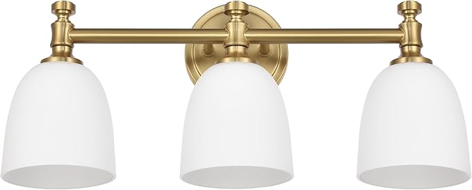 Gold Bathroom Vanity Light, 3-Light Bathroom Light Fixtures Over Mirror, Traditional Vanity Lights for Living Room, Milk White Bell Glass Shades, Standard E26 Base, Aged Brass