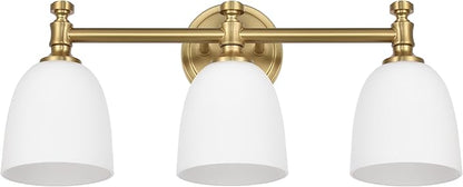 Gold Bathroom Vanity Light, 3-Light Bathroom Light Fixtures Over Mirror, Traditional Vanity Lights for Living Room, Milk White Bell Glass Shades, Standard E26 Base, Aged Brass