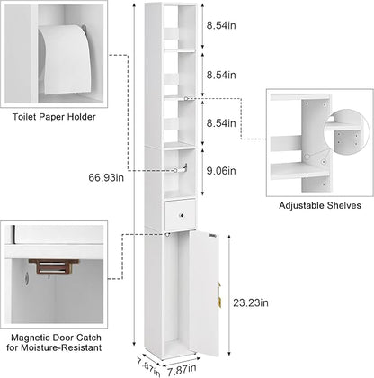 VECELO Storage Cabinet, 67" Tall Narrow Bathroom Cabinet with 3 Adjustable Shelves, Toilet Paper Holder, Magnetic Door & Drawer, for Small Spaces, Pearl White