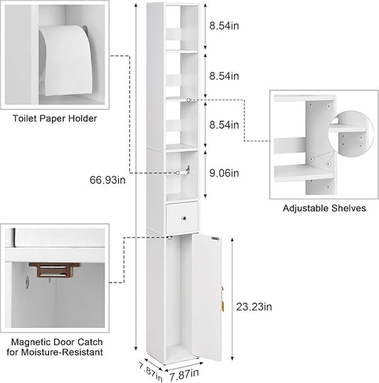 VECELO Tall Narrow Storage Cabinet with 3 Adjustable Shelves, Slim Freestanding Bathroom Cabinet with Toilet Paper Holder, Magnetic Door & Drawer, for Small Spaces, 7.9" D x 7.9" W x 67" H, White