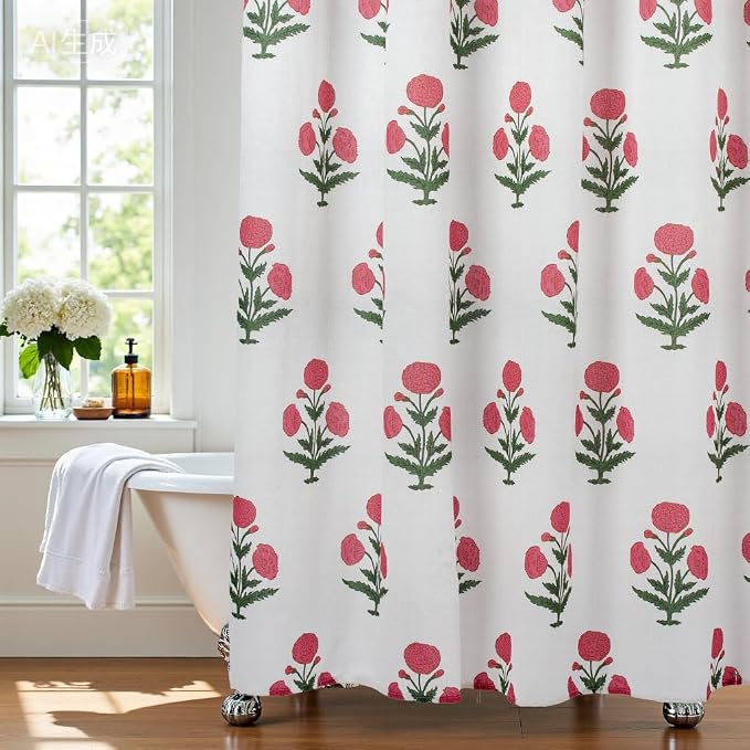 MUGINYU Pink Floral Shower Curtain-72x72 Inches,Cotton Blend Cloth Fabric,Girly Cute Coquette Style with Green Block Print for French Country Bathroom Decor