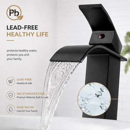VOTON Vessel Sink Faucet Matte Black Modern Tall Waterfall Bathroom Sink Faucet with Pop-Up Drain Single Handle Bathroom Faucet 1 Hole Bowl Lavatory Vanity Faucet, Rv Sink Camper Farmhouse Faucet