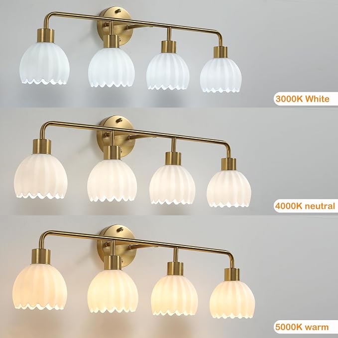 Brushed Gold 4-Light Vanlity Light Over Mirror,Wall Sconces,Gold Brass Bathroom Light Fixture with White Glass Flower Shade,E26(Bulbs Not Included)