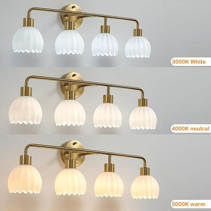 Brushed Gold 4-Light Vanlity Light Over Mirror,Wall Sconces,Gold Brass Bathroom Light Fixture with White Glass Flower Shade,E26(Bulbs Not Included)