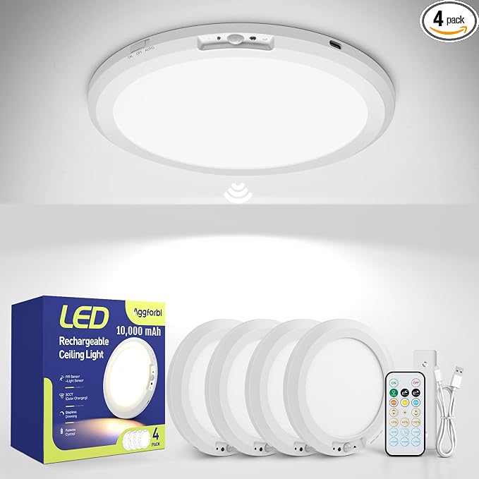 10000mAh Rechargeable Ceiling Light Waterproof Shower Light 4 Pack | Battery Powered Motion Sensor Lights with Remote 3000K/4000K/6000K Dimmable, Stick On LED Lights No Wiring for Closet Bedroom