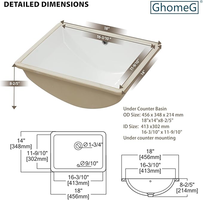 Undermount Bathroom Sink 18x14x8 Inch White Rectangle Ceramic Vessel Sink with Overflow Compact Undercounter Vanity Lavatory for Bathrooms