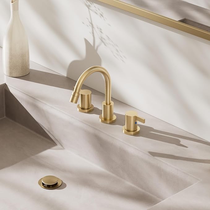 Pull Down Sprayer Brushed Gold 8 Inch Bathroom Sink Faucet, 2 Handles 3 Hole Widespread Pull Out Bathroom Faucet，with Pop Up Drain and Water Supply Line,BF04022-K01-BG