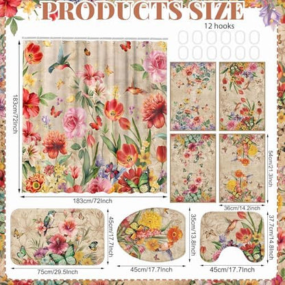 FuWeave 8 Pcs Vintage Floral Shower Curtain Set Bathroom Decor Hummingbird Butterfly Waterproof Bathroom Accessories Rustic Shower Curtain Sets with Towels Carpet Bath Mat Toilet Rugs and 12 Hooks