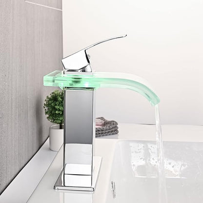 LED Bathroom Sink Faucet, Chrome Waterfall Single Hole Handle Vanity Faucets for Sinks 1 Hole with Metal Pop Up Drain and 2 Water Supply Lines, Wide Glass Spout