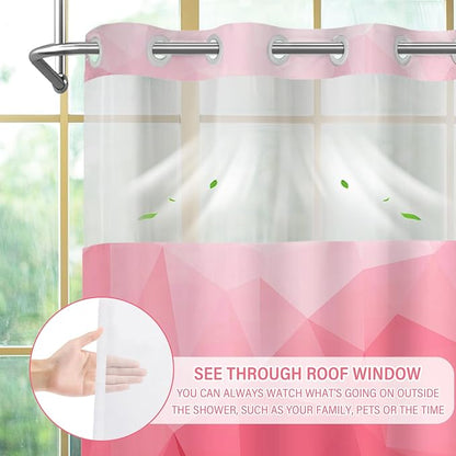 No Hook Shower Curtain with Snap in Liner Set, Pink, 71x86 | Waterproof Fabric for Bathroom, Modern Hotel Style Ombre Design, Mesh Top Window, Machine Washable, Quick Install