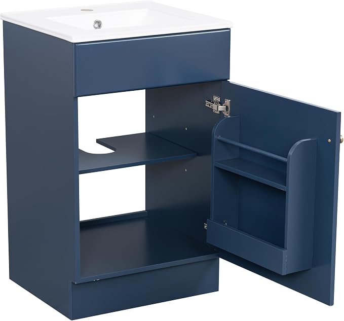 Christopher Knight Home Vanes Wood Frame 20" Bathroom Vanity with Ceramic Sink, Cabinet with Soft-Closing Door Shelf and Adjustable Shelf, Open Back, Metal Hardware, Storage/Organizer, Blue