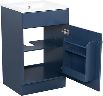Christopher Knight Home Vanes Wood Frame 20" Bathroom Vanity with Ceramic Sink, Cabinet with Soft-Closing Door Shelf and Adjustable Shelf, Open Back, Metal Hardware, Storage/Organizer, Blue