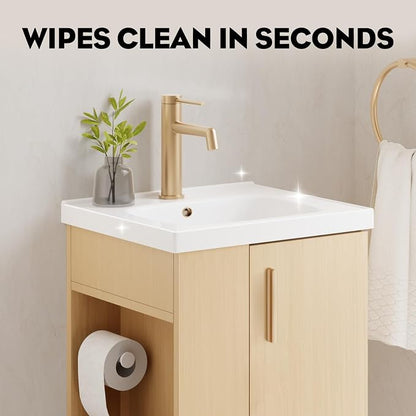 Pre-Assembled 16 Inch Small Bathroom Vanity, Freestanding Oak Bathroom Cabinet with Ceramic Sink, Soft-Close Door, Left Side Storage, No Faucet, BV05-16-OAK-PLUS