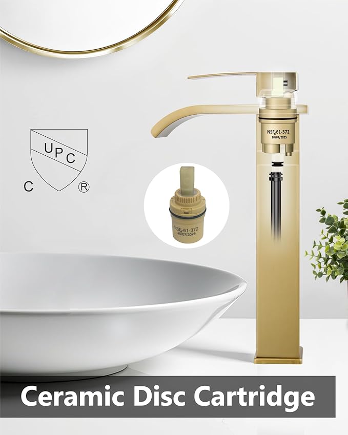 Vessel Sink Faucet Waterfall Tall Bathroom Faucet Single Handle,Single Hole Lavatory Vanity Mixer Tap with Pop Up Drain and Supply Lines,Brushed Gold