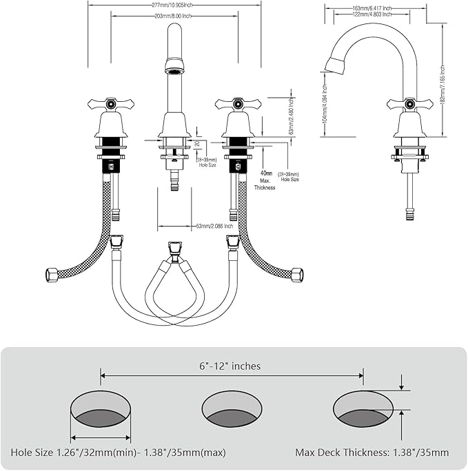 RKF Bathroom Faucets for Sink 3 Hole Matt Black 8 inch Widespread Bathroom Sink Faucet with Drain 2 Handles Cross Knobs Faucet Vanity Faucet Basin Mixer Tap with Hose & Deck CWF039-MB