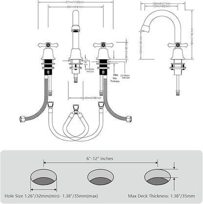 RKF Bathroom Faucets for Sink 3 Hole Matt Black 8 inch Widespread Bathroom Sink Faucet with Drain 2 Handles Cross Knobs Faucet Vanity Faucet Basin Mixer Tap with Hose & Deck CWF039-MB
