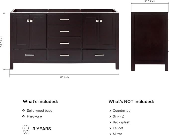 ARIEL Cambridge 66-inch Bathroom Vanity Base Cabinet,Solid Wood, 4 Soft Closing Doors, 6 Dovetail Drawers, Espresso