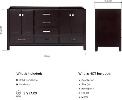 ARIEL Cambridge 66-inch Bathroom Vanity Base Cabinet,Solid Wood, 4 Soft Closing Doors, 6 Dovetail Drawers, Espresso