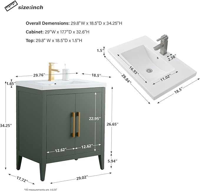 HomeBeyond 30 Inch Bathroom Vanity with Sink & Ceramic Top, Single Vanity Cabinet with Basin, Soft-Closing Doors & Matte Black Hardware, Vintage Green