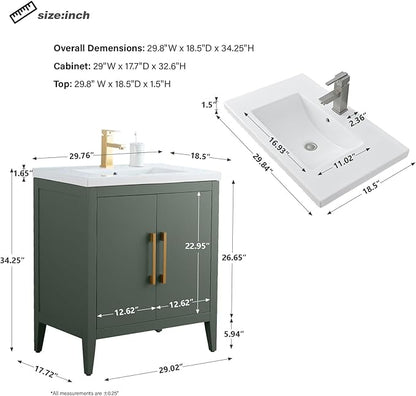 HomeBeyond 30 Inch Bathroom Vanity with Sink & Ceramic Top, Single Vanity Cabinet with Basin, Soft-Closing Doors & Matte Black Hardware, Vintage Green