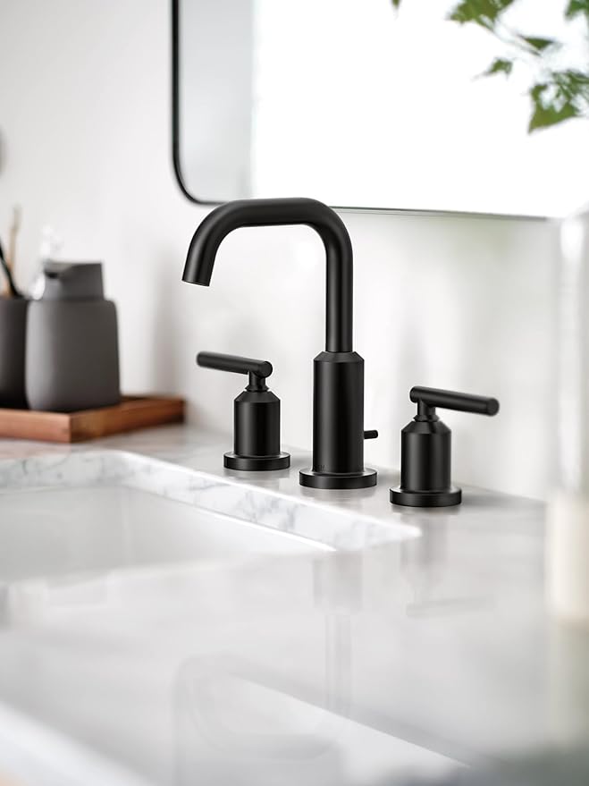 Moen Gibson Two-Handle High Arc Widespread Modern Bathroom Sink Faucet for 3-Hole Setups with Valve Included, Matte Black, TV6142BL