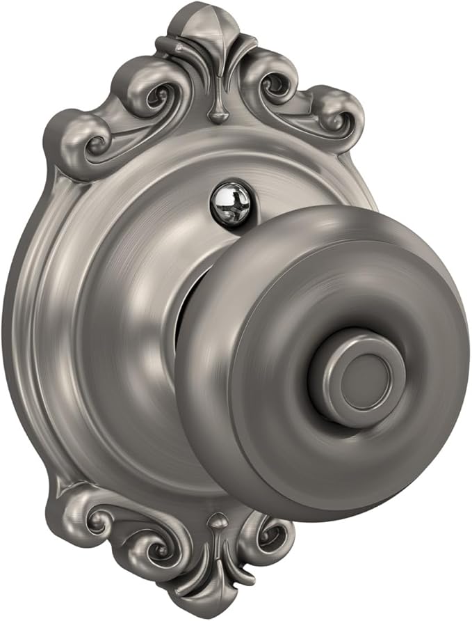 Schlage F40 GEO 619 BRK Georgian Door Knob with Brookshire Trim, Bed & Bath Privacy Lock, Satin Nickel