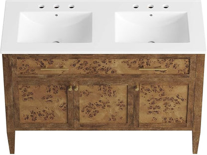 Modway Elysian 48" Burl Wood Double Bathroom Vanity in White Brown with Ceramic Sink Basin